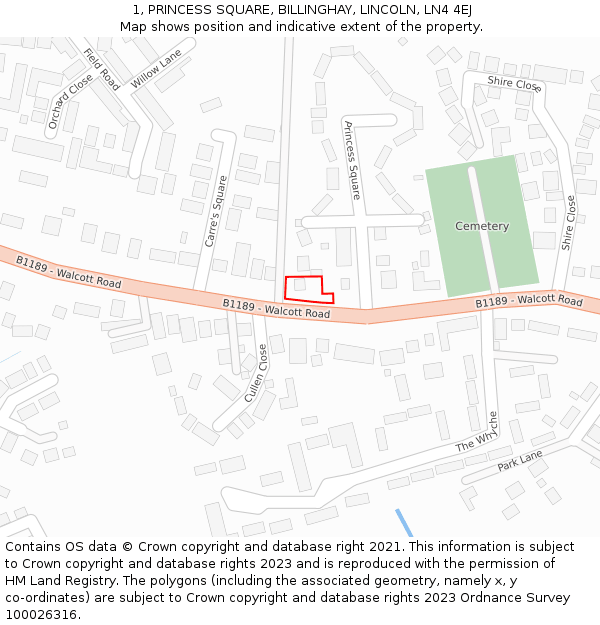 1, PRINCESS SQUARE, BILLINGHAY, LINCOLN, LN4 4EJ: Location map and indicative extent of plot