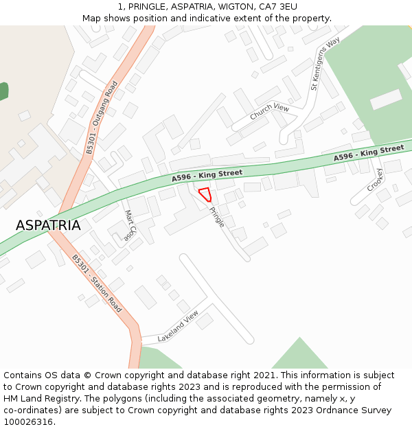 1, PRINGLE, ASPATRIA, WIGTON, CA7 3EU: Location map and indicative extent of plot