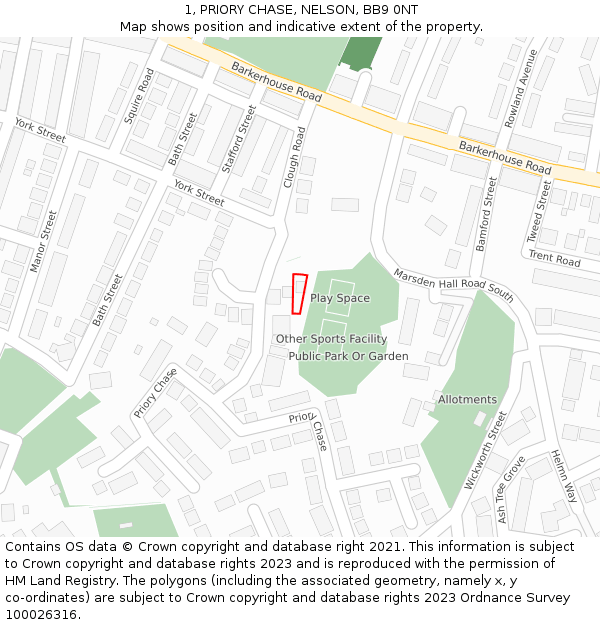 1, PRIORY CHASE, NELSON, BB9 0NT: Location map and indicative extent of plot