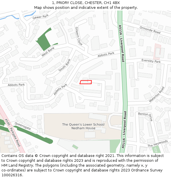 1, PRIORY CLOSE, CHESTER, CH1 4BX: Location map and indicative extent of plot