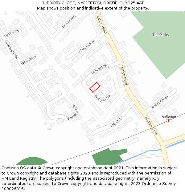 1, PRIORY CLOSE, NAFFERTON, DRIFFIELD, YO25 4AT: Location map and indicative extent of plot