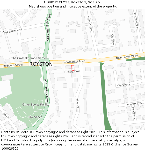 1, PRIORY CLOSE, ROYSTON, SG8 7DU: Location map and indicative extent of plot