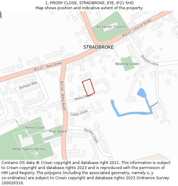 1, PRIORY CLOSE, STRADBROKE, EYE, IP21 5HD: Location map and indicative extent of plot