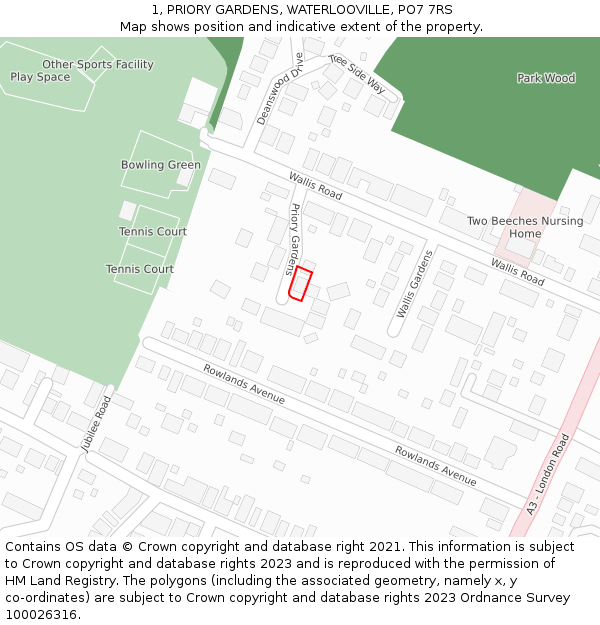 1, PRIORY GARDENS, WATERLOOVILLE, PO7 7RS: Location map and indicative extent of plot