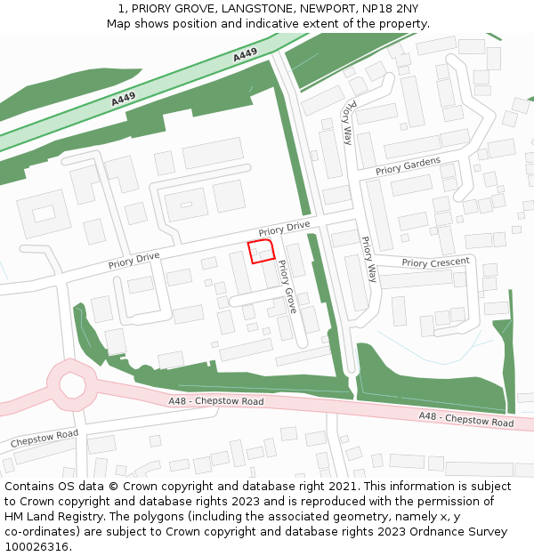 1, PRIORY GROVE, LANGSTONE, NEWPORT, NP18 2NY: Location map and indicative extent of plot