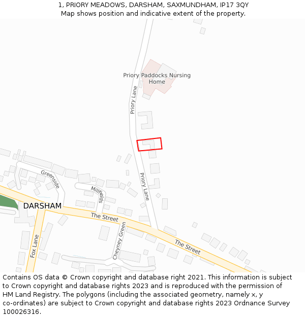 1, PRIORY MEADOWS, DARSHAM, SAXMUNDHAM, IP17 3QY: Location map and indicative extent of plot