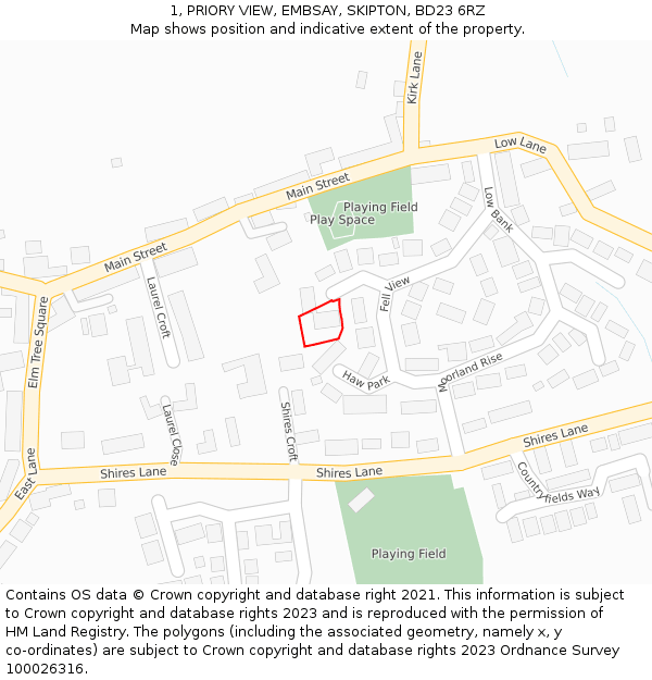 1, PRIORY VIEW, EMBSAY, SKIPTON, BD23 6RZ: Location map and indicative extent of plot