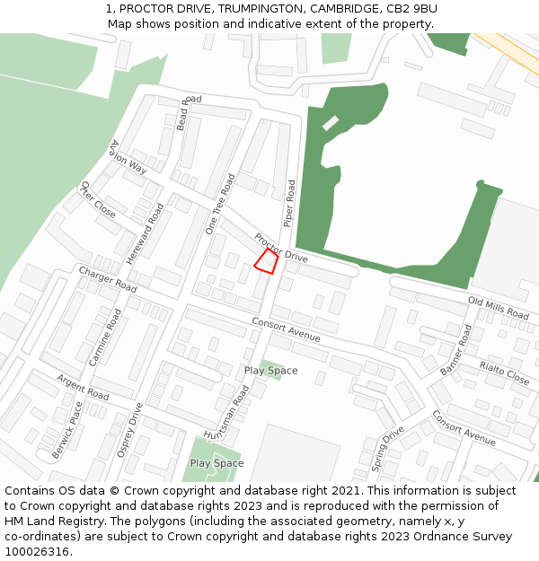 1, PROCTOR DRIVE, TRUMPINGTON, CAMBRIDGE, CB2 9BU: Location map and indicative extent of plot