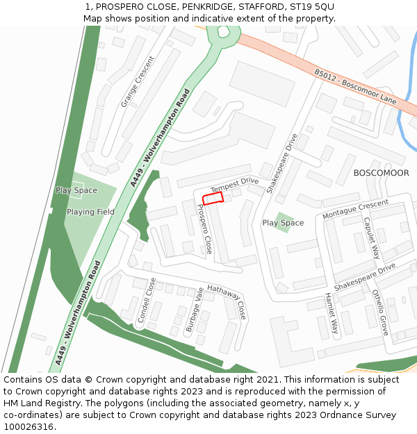1, PROSPERO CLOSE, PENKRIDGE, STAFFORD, ST19 5QU: Location map and indicative extent of plot