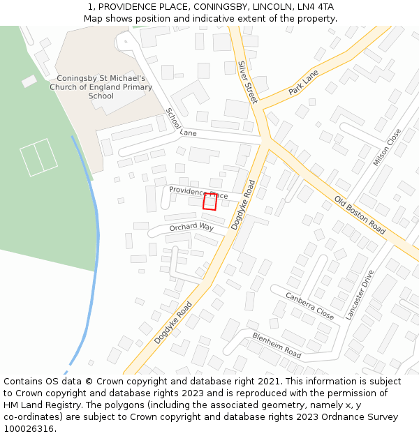 1, PROVIDENCE PLACE, CONINGSBY, LINCOLN, LN4 4TA: Location map and indicative extent of plot