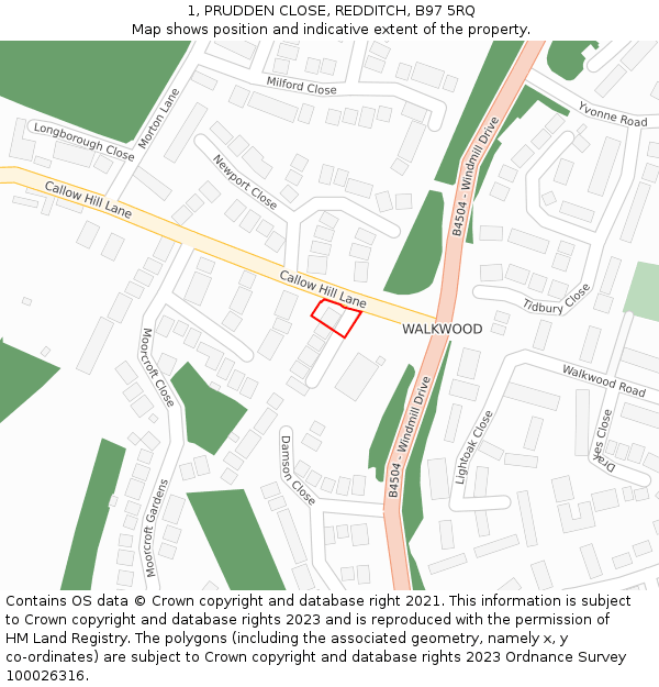 1, PRUDDEN CLOSE, REDDITCH, B97 5RQ: Location map and indicative extent of plot