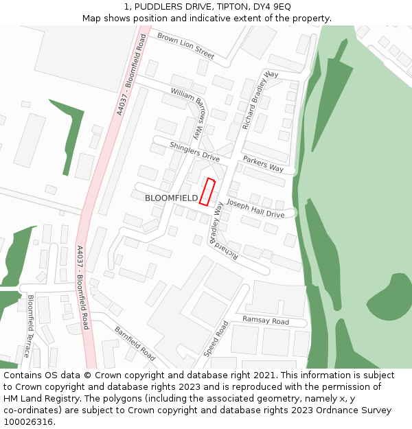 1, PUDDLERS DRIVE, TIPTON, DY4 9EQ: Location map and indicative extent of plot