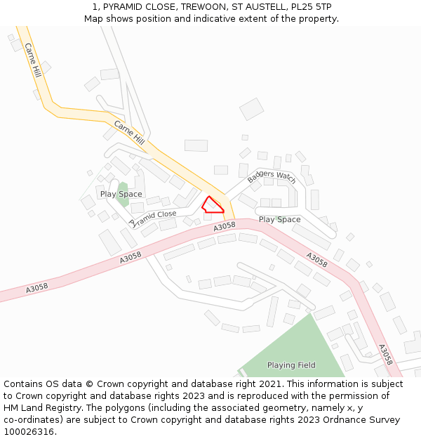 1, PYRAMID CLOSE, TREWOON, ST AUSTELL, PL25 5TP: Location map and indicative extent of plot