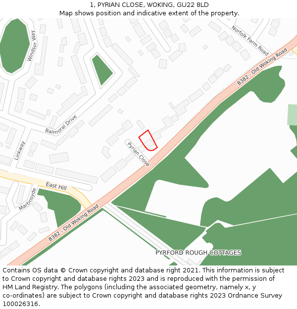 1, PYRIAN CLOSE, WOKING, GU22 8LD: Location map and indicative extent of plot