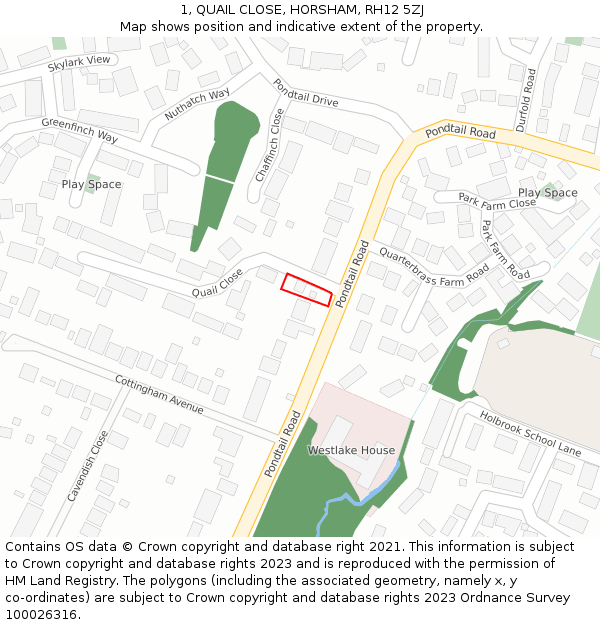 1, QUAIL CLOSE, HORSHAM, RH12 5ZJ: Location map and indicative extent of plot