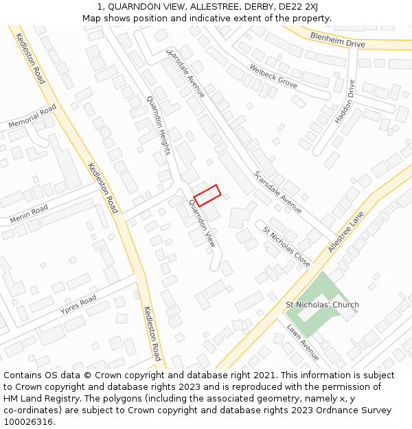1, QUARNDON VIEW, ALLESTREE, DERBY, DE22 2XJ: Location map and indicative extent of plot