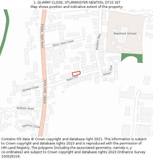 1, QUARRY CLOSE, STURMINSTER NEWTON, DT10 1ET: Location map and indicative extent of plot