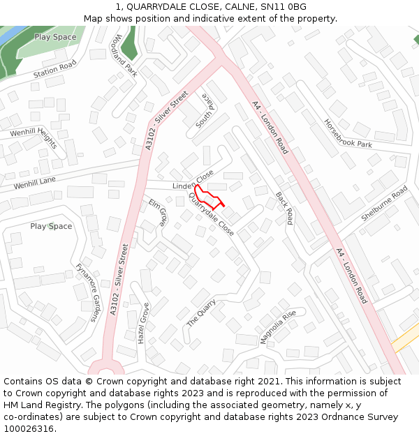 1, QUARRYDALE CLOSE, CALNE, SN11 0BG: Location map and indicative extent of plot