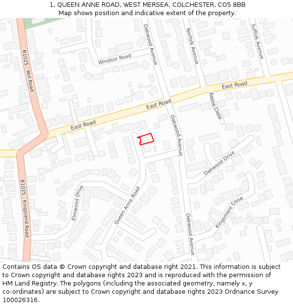 1, QUEEN ANNE ROAD, WEST MERSEA, COLCHESTER, CO5 8BB: Location map and indicative extent of plot