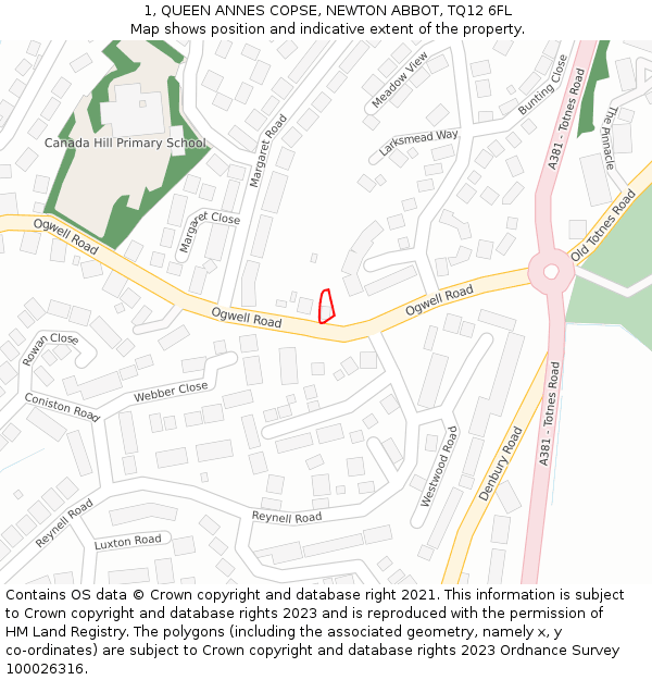 1, QUEEN ANNES COPSE, NEWTON ABBOT, TQ12 6FL: Location map and indicative extent of plot
