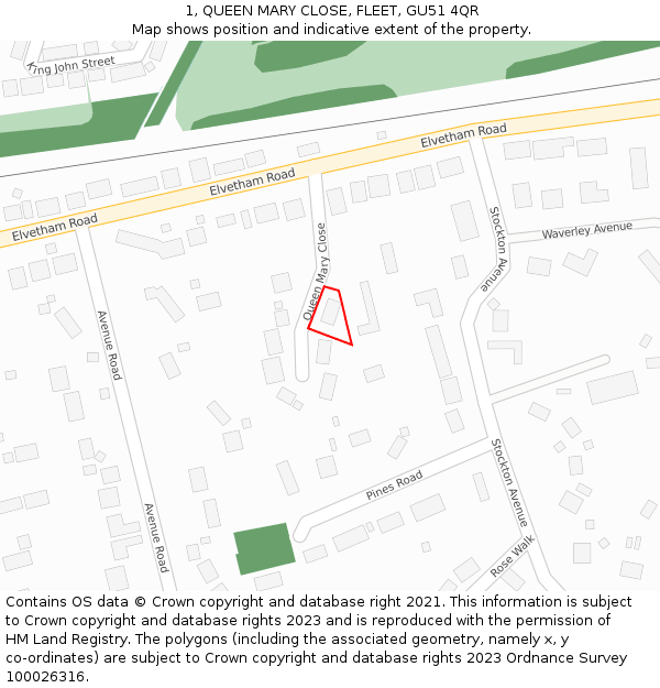 1, QUEEN MARY CLOSE, FLEET, GU51 4QR: Location map and indicative extent of plot