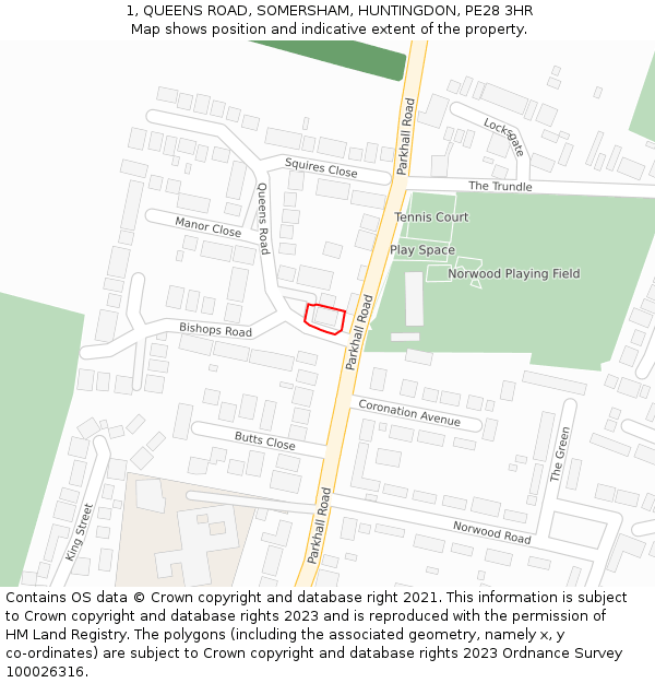 1, QUEENS ROAD, SOMERSHAM, HUNTINGDON, PE28 3HR: Location map and indicative extent of plot