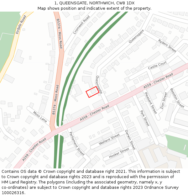 1, QUEENSGATE, NORTHWICH, CW8 1DX: Location map and indicative extent of plot