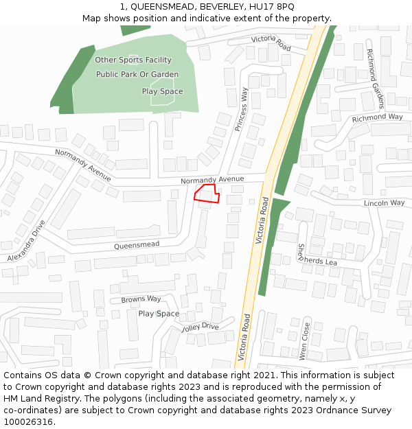 1, QUEENSMEAD, BEVERLEY, HU17 8PQ: Location map and indicative extent of plot