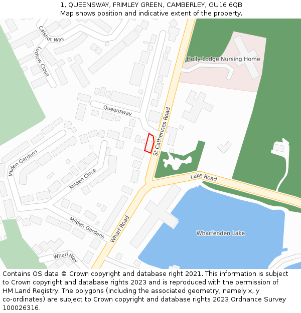 1, QUEENSWAY, FRIMLEY GREEN, CAMBERLEY, GU16 6QB: Location map and indicative extent of plot