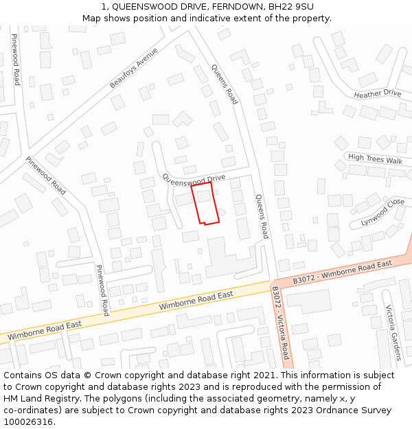 1, QUEENSWOOD DRIVE, FERNDOWN, BH22 9SU: Location map and indicative extent of plot