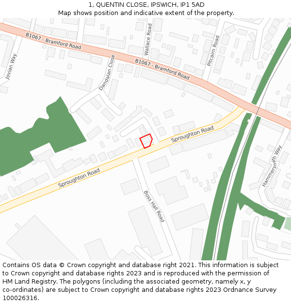 1, QUENTIN CLOSE, IPSWICH, IP1 5AD: Location map and indicative extent of plot