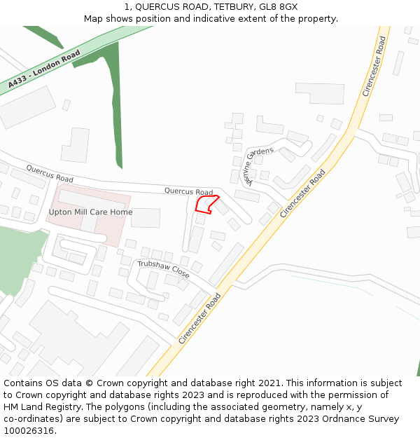 1, QUERCUS ROAD, TETBURY, GL8 8GX: Location map and indicative extent of plot