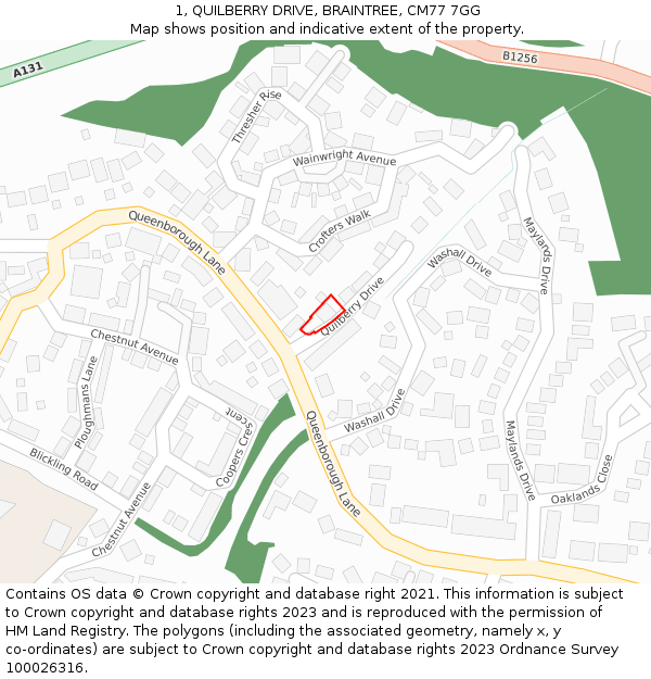 1, QUILBERRY DRIVE, BRAINTREE, CM77 7GG: Location map and indicative extent of plot