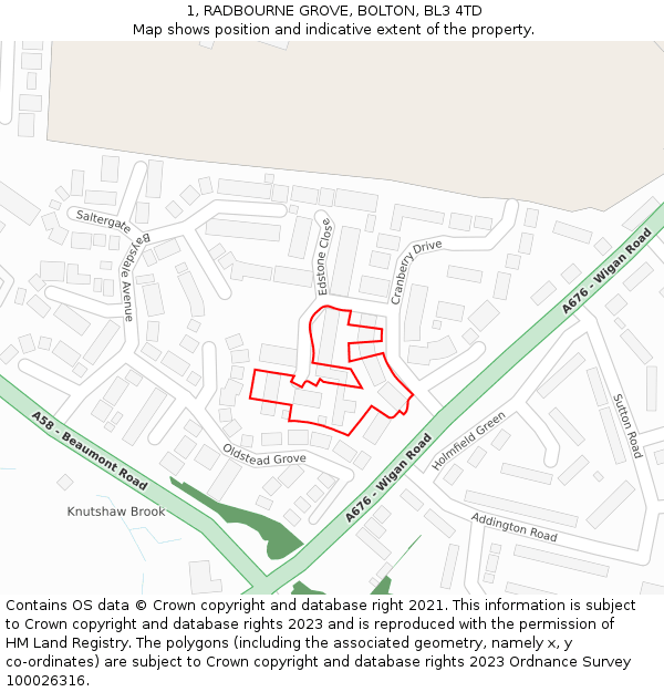 1, RADBOURNE GROVE, BOLTON, BL3 4TD: Location map and indicative extent of plot