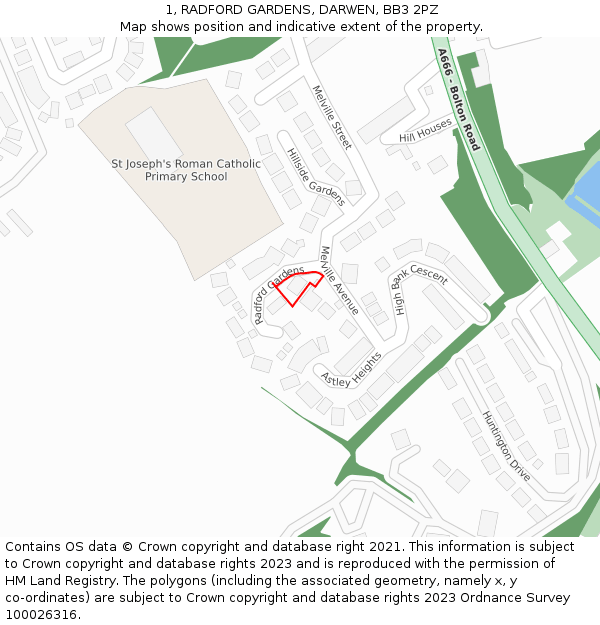 1, RADFORD GARDENS, DARWEN, BB3 2PZ: Location map and indicative extent of plot