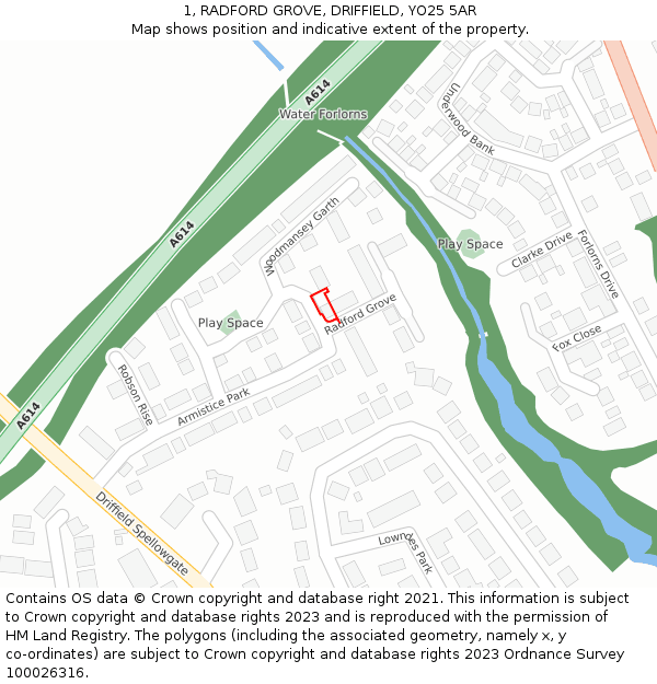 1, RADFORD GROVE, DRIFFIELD, YO25 5AR: Location map and indicative extent of plot