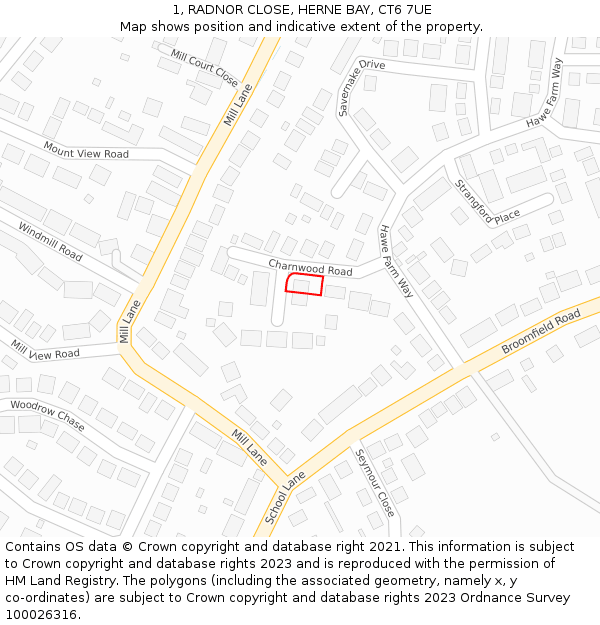 1, RADNOR CLOSE, HERNE BAY, CT6 7UE: Location map and indicative extent of plot