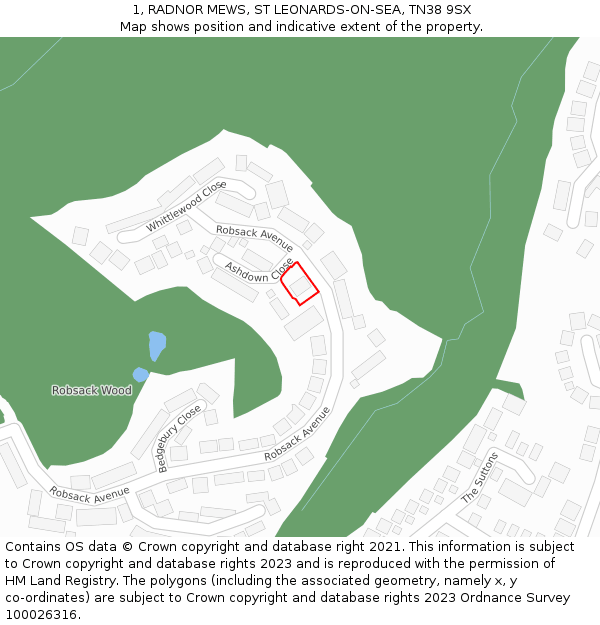 1, RADNOR MEWS, ST LEONARDS-ON-SEA, TN38 9SX: Location map and indicative extent of plot