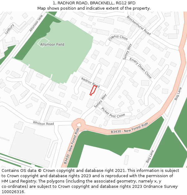 1, RADNOR ROAD, BRACKNELL, RG12 9FD: Location map and indicative extent of plot