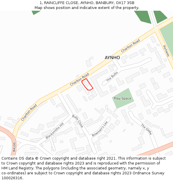 1, RAINCLIFFE CLOSE, AYNHO, BANBURY, OX17 3SB: Location map and indicative extent of plot