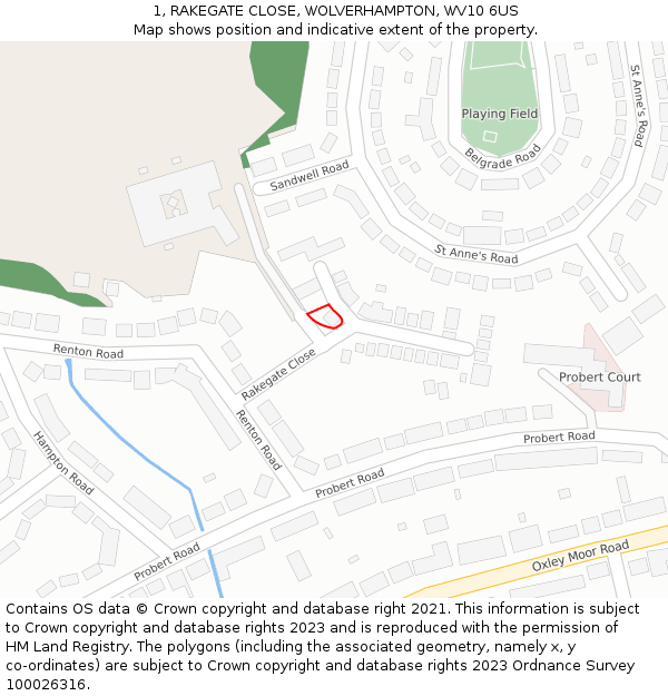 1, RAKEGATE CLOSE, WOLVERHAMPTON, WV10 6US: Location map and indicative extent of plot