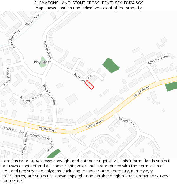 1, RAMSONS LANE, STONE CROSS, PEVENSEY, BN24 5GS: Location map and indicative extent of plot