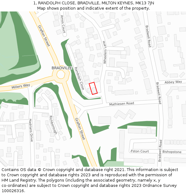 1, RANDOLPH CLOSE, BRADVILLE, MILTON KEYNES, MK13 7JN: Location map and indicative extent of plot