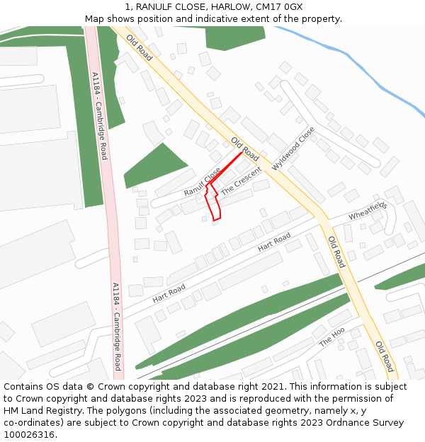 1, RANULF CLOSE, HARLOW, CM17 0GX: Location map and indicative extent of plot