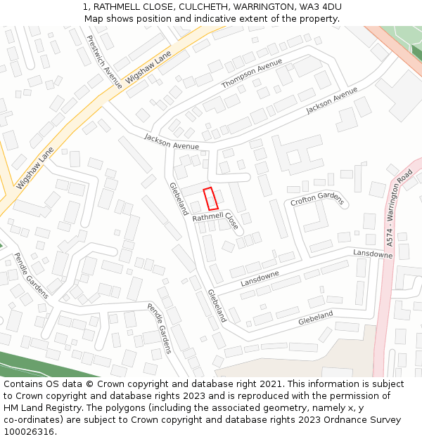 1, RATHMELL CLOSE, CULCHETH, WARRINGTON, WA3 4DU: Location map and indicative extent of plot