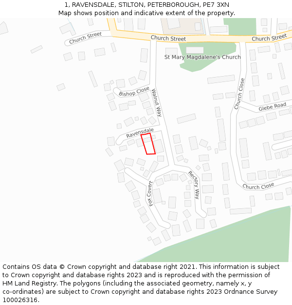 1, RAVENSDALE, STILTON, PETERBOROUGH, PE7 3XN: Location map and indicative extent of plot