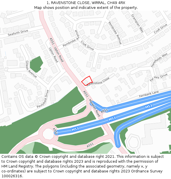 1, RAVENSTONE CLOSE, WIRRAL, CH49 4RX: Location map and indicative extent of plot