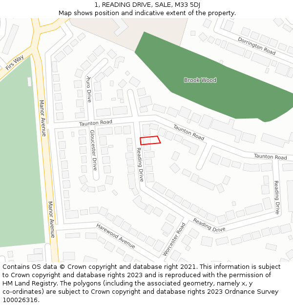 1, READING DRIVE, SALE, M33 5DJ: Location map and indicative extent of plot