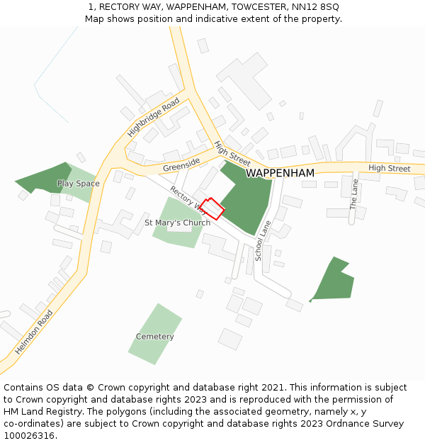 1, RECTORY WAY, WAPPENHAM, TOWCESTER, NN12 8SQ: Location map and indicative extent of plot