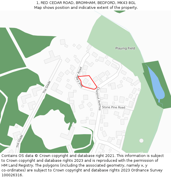 1, RED CEDAR ROAD, BROMHAM, BEDFORD, MK43 8GL: Location map and indicative extent of plot